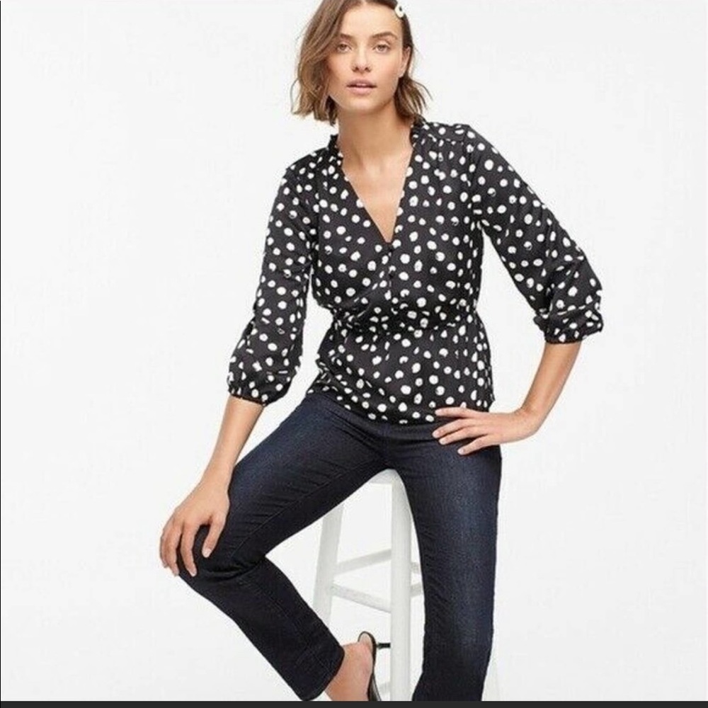 J. Crew Peplum Blouse Popover Shirt Polka Dot Black & White Women's 14